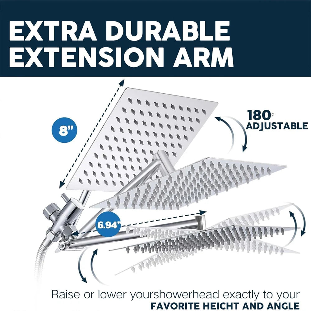 Shower Head Combo 8–12 Inch – High Pressure Rain Shower with Adjustable Extension Arm & 3-Way Handheld Spray | UniqSnaz