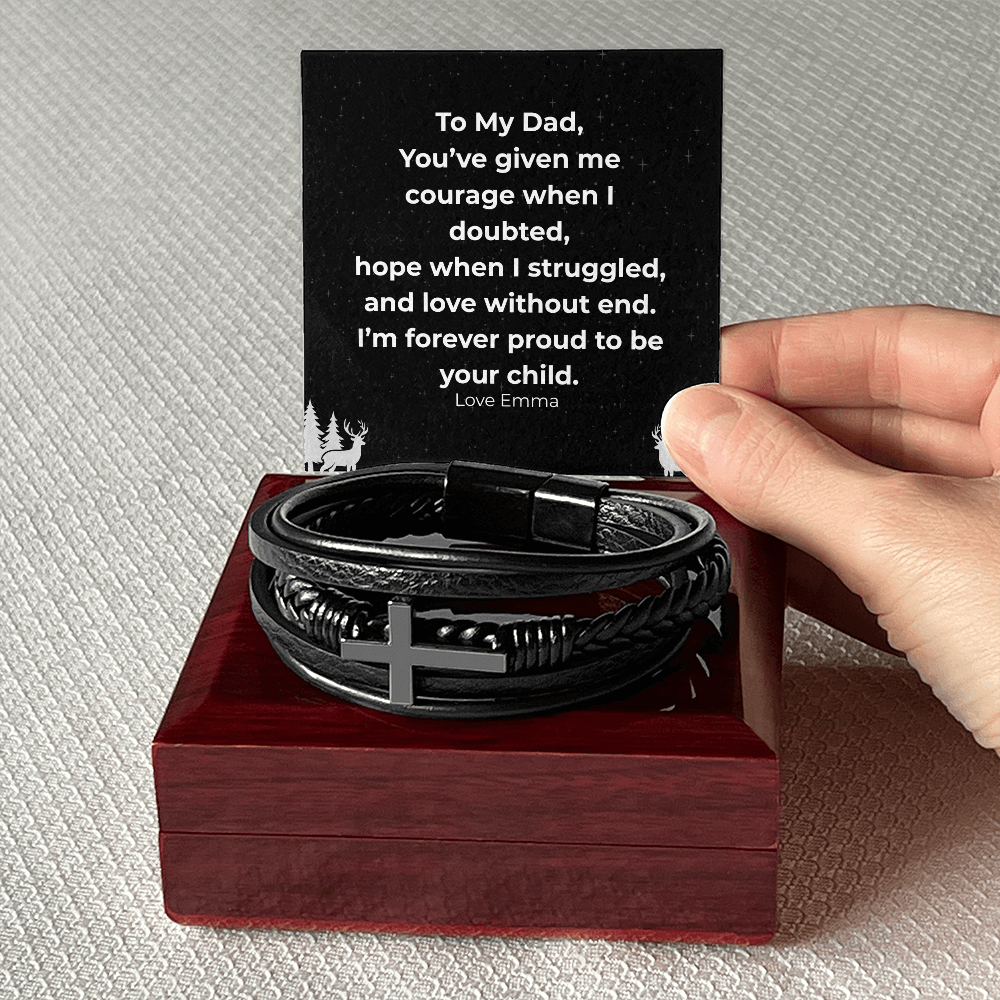 “To My Dad” Cross Leather Bracelet with Message Card — Personalized Gift from Son or Daughter