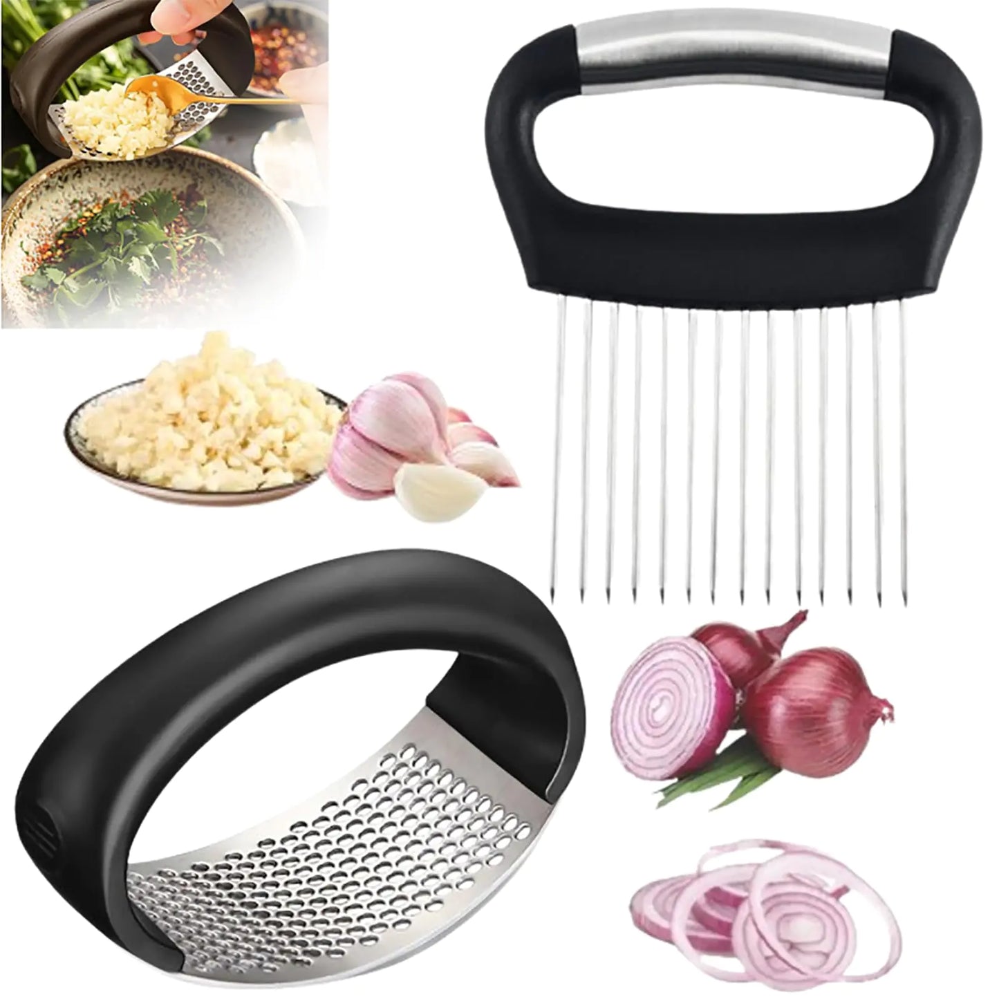 Stainless Steel Garlic Press and Crusher Set