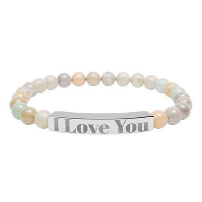 Personalized Stone Bead Bracelet with Custom Engraved Name Bar – Elegant Handmade Gift