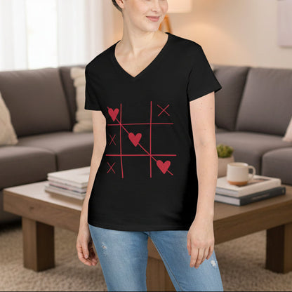 Heart Tic-Tac-Toe Women’s V-Neck T-Shirt – Minimal Valentine Graphic Tee