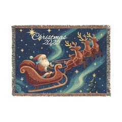 Personalized Santa Sleigh Woven Throw Blanket - Northern Lights Art