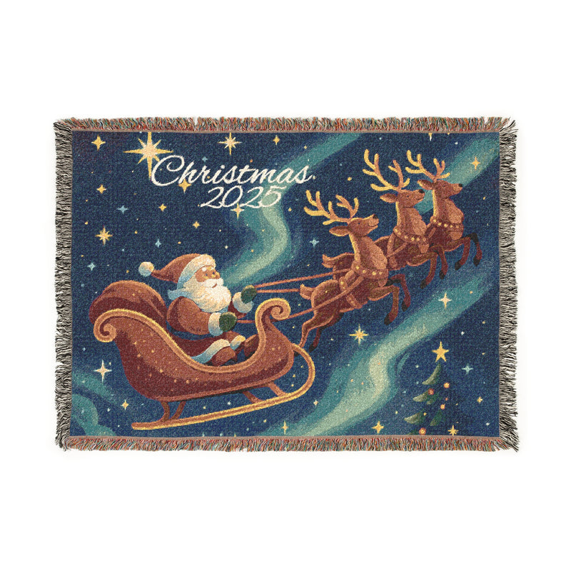 Personalized Santa Sleigh Woven Throw Blanket - Northern Lights Art
