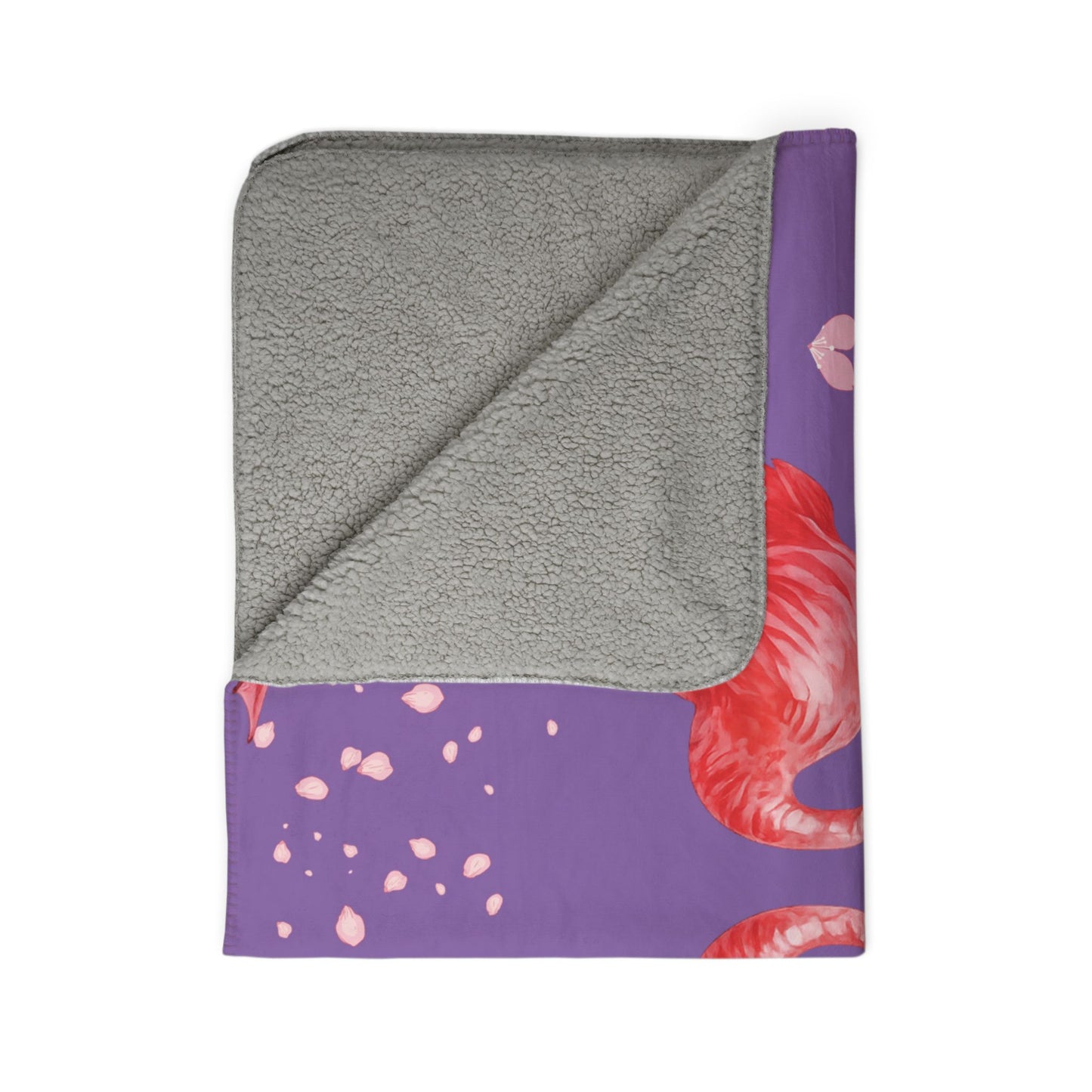 Flamingo Heart Sherpa Blanket – Pink Flamingos on Purple Cherry Blossom Throw