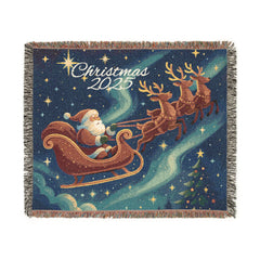 Personalized Santa Sleigh Woven Throw Blanket - Northern Lights Art