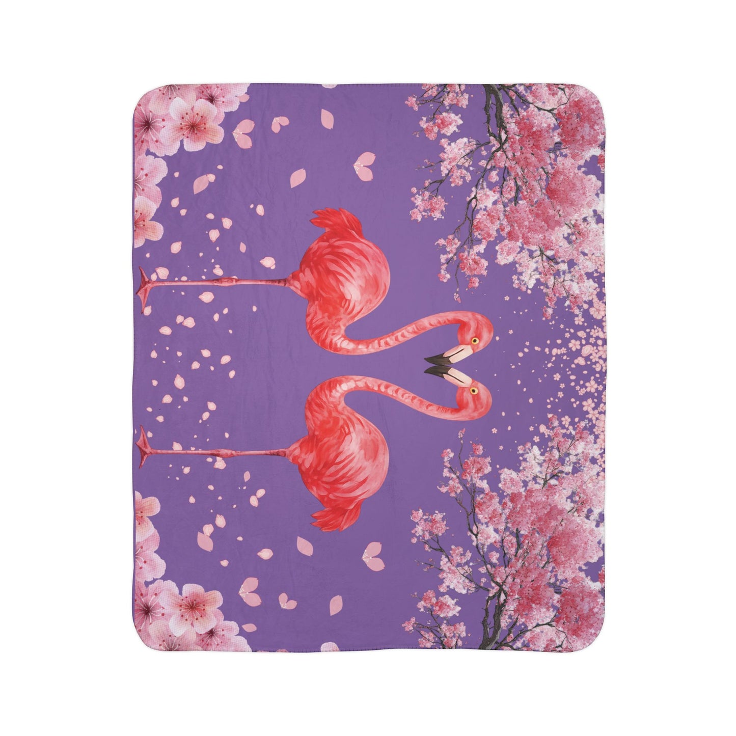 Flamingo Heart Sherpa Blanket – Pink Flamingos on Purple Cherry Blossom Throw