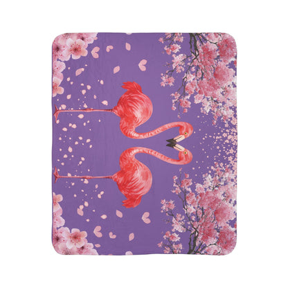 Flamingo Heart Sherpa Blanket – Pink Flamingos on Purple Cherry Blossom Throw
