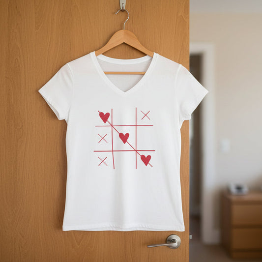 Heart Tic-Tac-Toe Women’s V-Neck T-Shirt – Minimal Valentine Graphic Tee