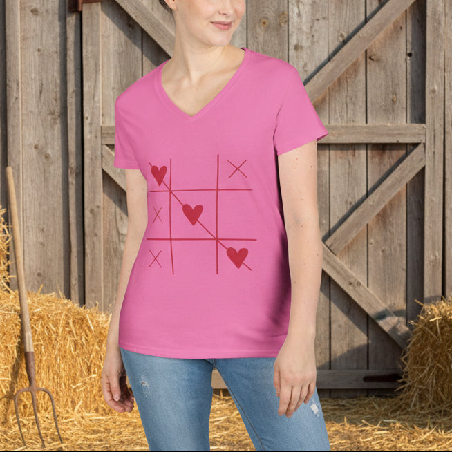 Heart Tic-Tac-Toe Women’s V-Neck T-Shirt – Minimal Valentine Graphic Tee