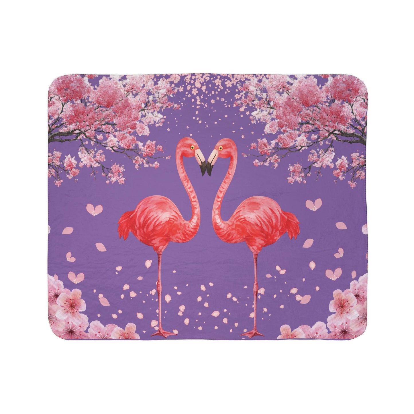 Flamingo Heart Sherpa Blanket – Pink Flamingos on Purple Cherry Blossom Throw