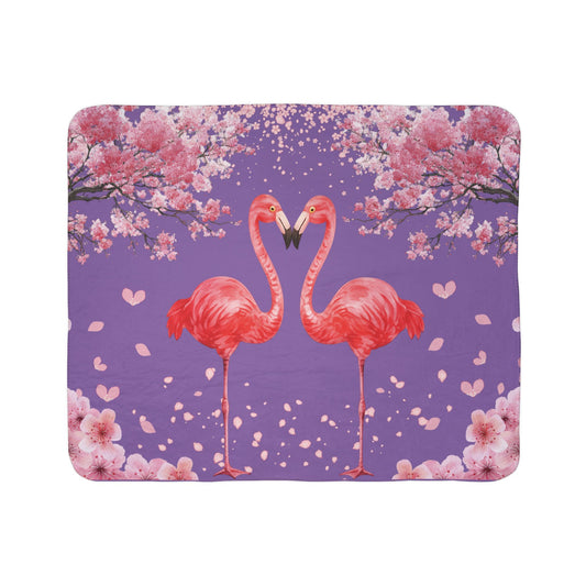 Flamingo Heart Sherpa Blanket – Pink Flamingos on Purple Cherry Blossom Throw