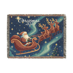 Personalized Santa Sleigh Woven Throw Blanket - Northern Lights Art