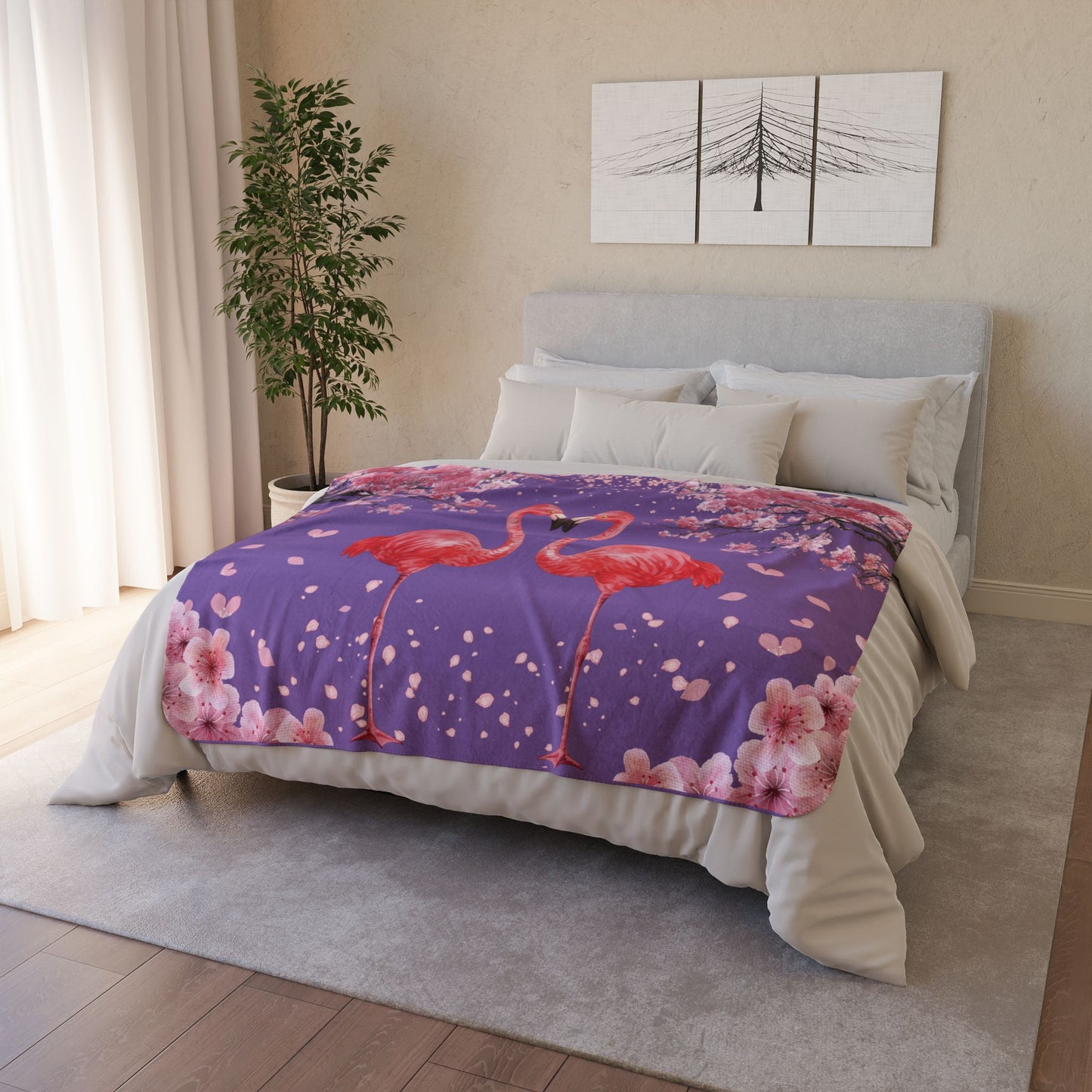 Flamingo Heart Sherpa Blanket – Pink Flamingos on Purple Cherry Blossom Throw