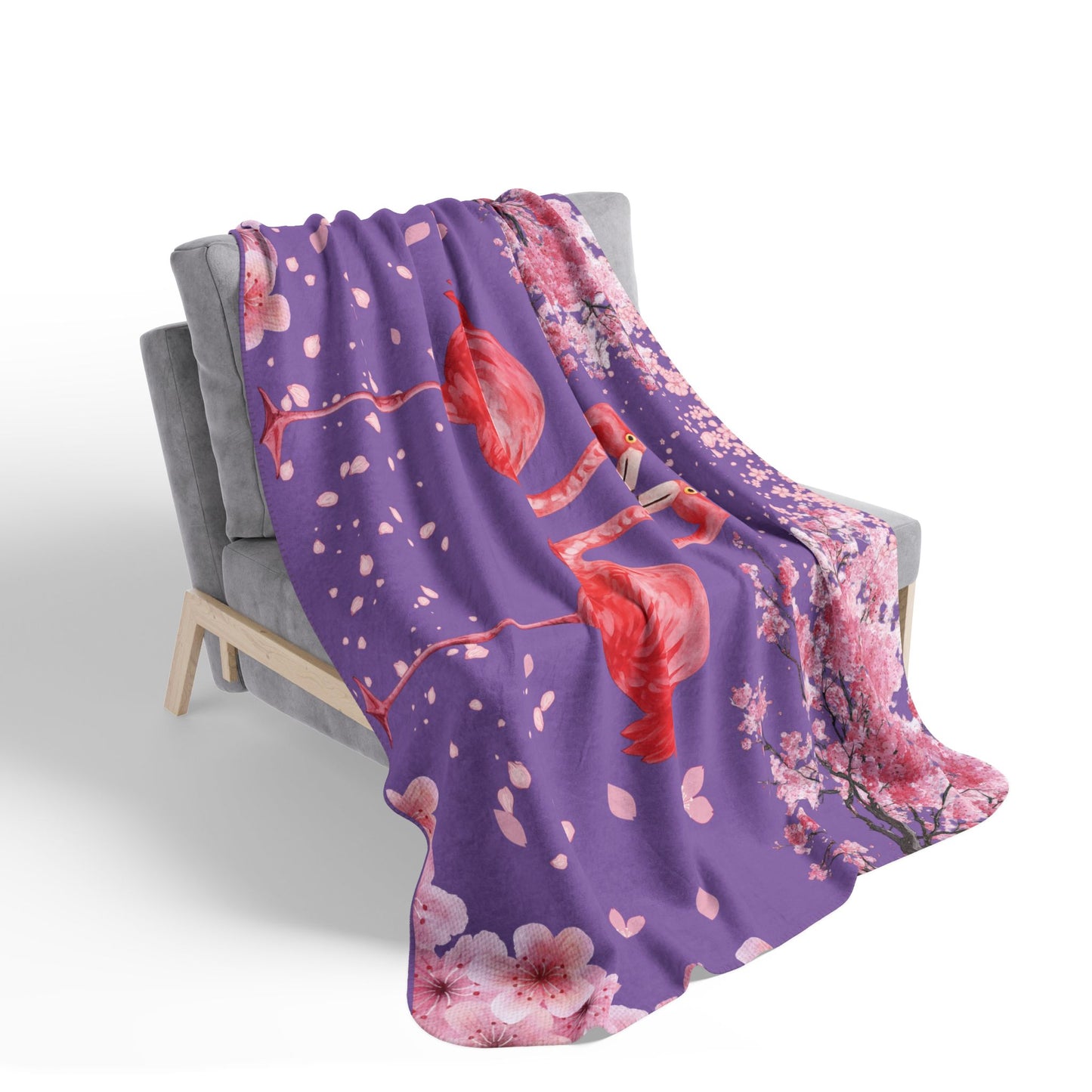 Flamingo Heart Sherpa Blanket – Pink Flamingos on Purple Cherry Blossom Throw