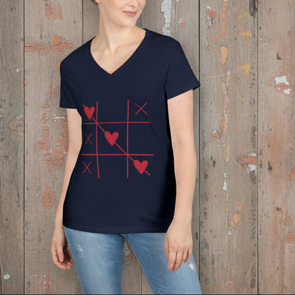 Heart Tic-Tac-Toe Women’s V-Neck T-Shirt – Minimal Valentine Graphic Tee