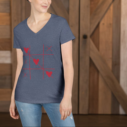 Heart Tic-Tac-Toe Women’s V-Neck T-Shirt – Minimal Valentine Graphic Tee