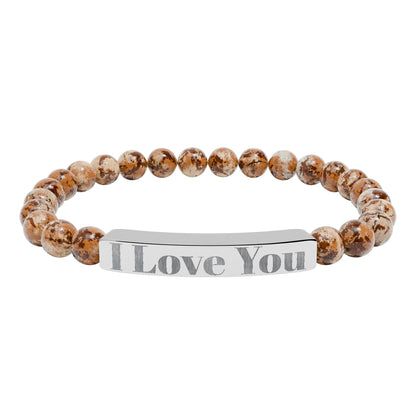 Personalized Stone Bead Bracelet with Custom Engraved Name Bar – Elegant Handmade Gift