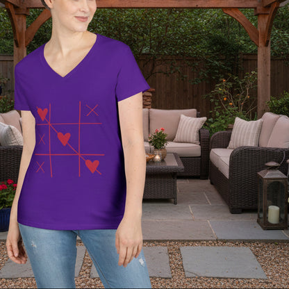 Heart Tic-Tac-Toe Women’s V-Neck T-Shirt – Minimal Valentine Graphic Tee