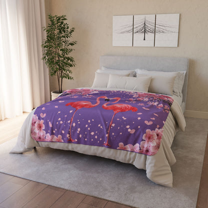 Flamingo Heart Sherpa Blanket – Pink Flamingos on Purple Cherry Blossom Throw
