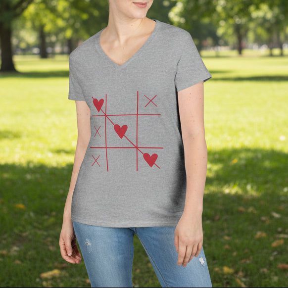 Heart Tic-Tac-Toe Women’s V-Neck T-Shirt – Minimal Valentine Graphic Tee