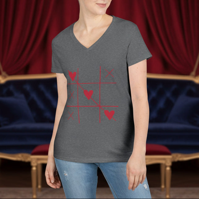 Heart Tic-Tac-Toe Women’s V-Neck T-Shirt – Minimal Valentine Graphic Tee