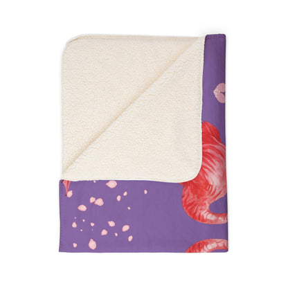 Flamingo Heart Sherpa Blanket – Pink Flamingos on Purple Cherry Blossom Throw