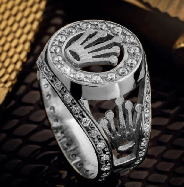 Rose Gold Crown Ring with Diamond Inlay Luxury Design