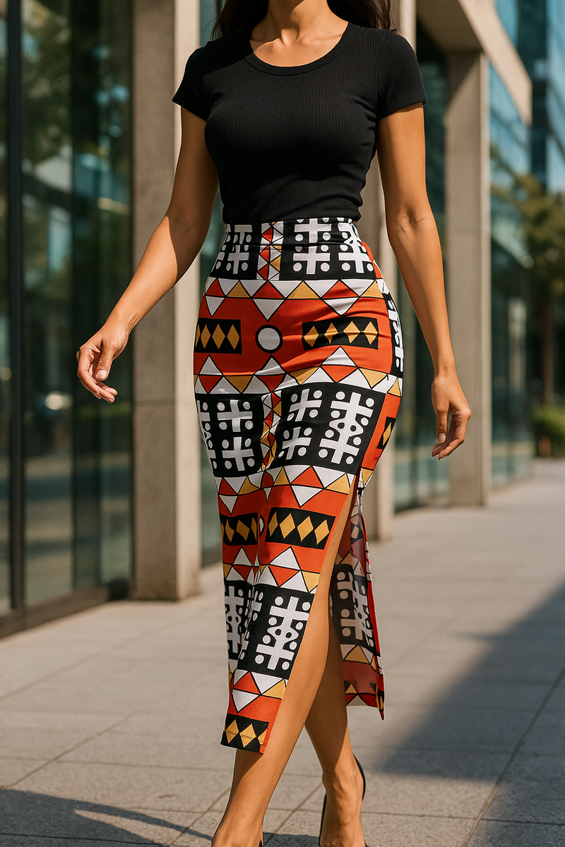 High Waist Geometric Print Split Skirt – Plus Size Slim Fit | Trendy Women’s Office & Casual Wear