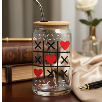 16oz Engraved Can Glass with Lid — Tic Tac Toe Hearts Design
