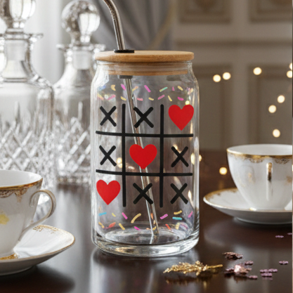 16oz Engraved Can Glass with Lid — Tic Tac Toe Hearts Design