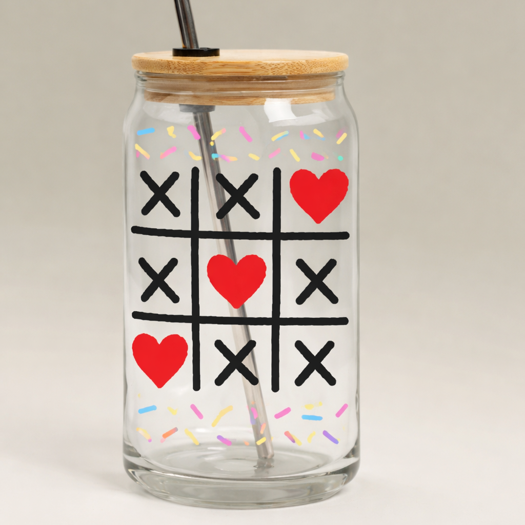 16oz Engraved Can Glass with Lid — Tic Tac Toe Hearts Design