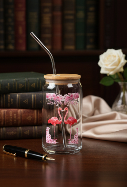 16oz Flamingo Can Glass with Lid & Straw  -- Engraved Tropical Mason Jar Tumbler
