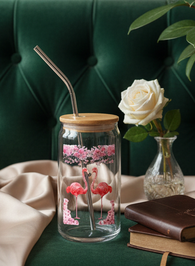 16oz Flamingo Can Glass with Lid & Straw  -- Engraved Tropical Mason Jar Tumbler