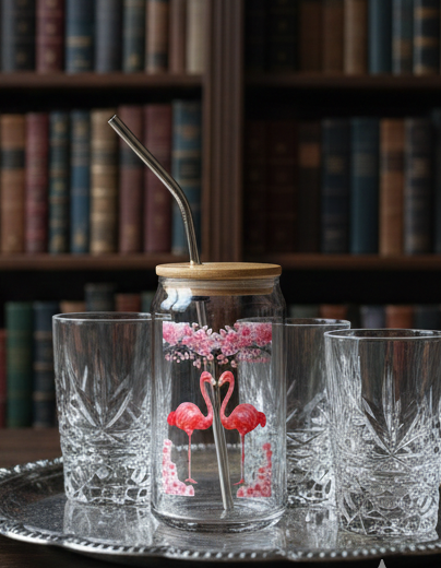 16oz Flamingo Can Glass with Lid & Straw  -- Engraved Tropical Mason Jar Tumbler