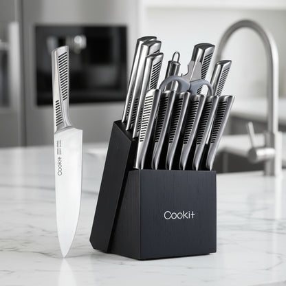 15-Piece German Stainless Steel Kitchen Knife Set with Block, Scissors & Sharpener