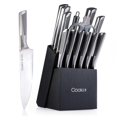 15-Piece German Stainless Steel Kitchen Knife Set with Block, Scissors & Sharpener