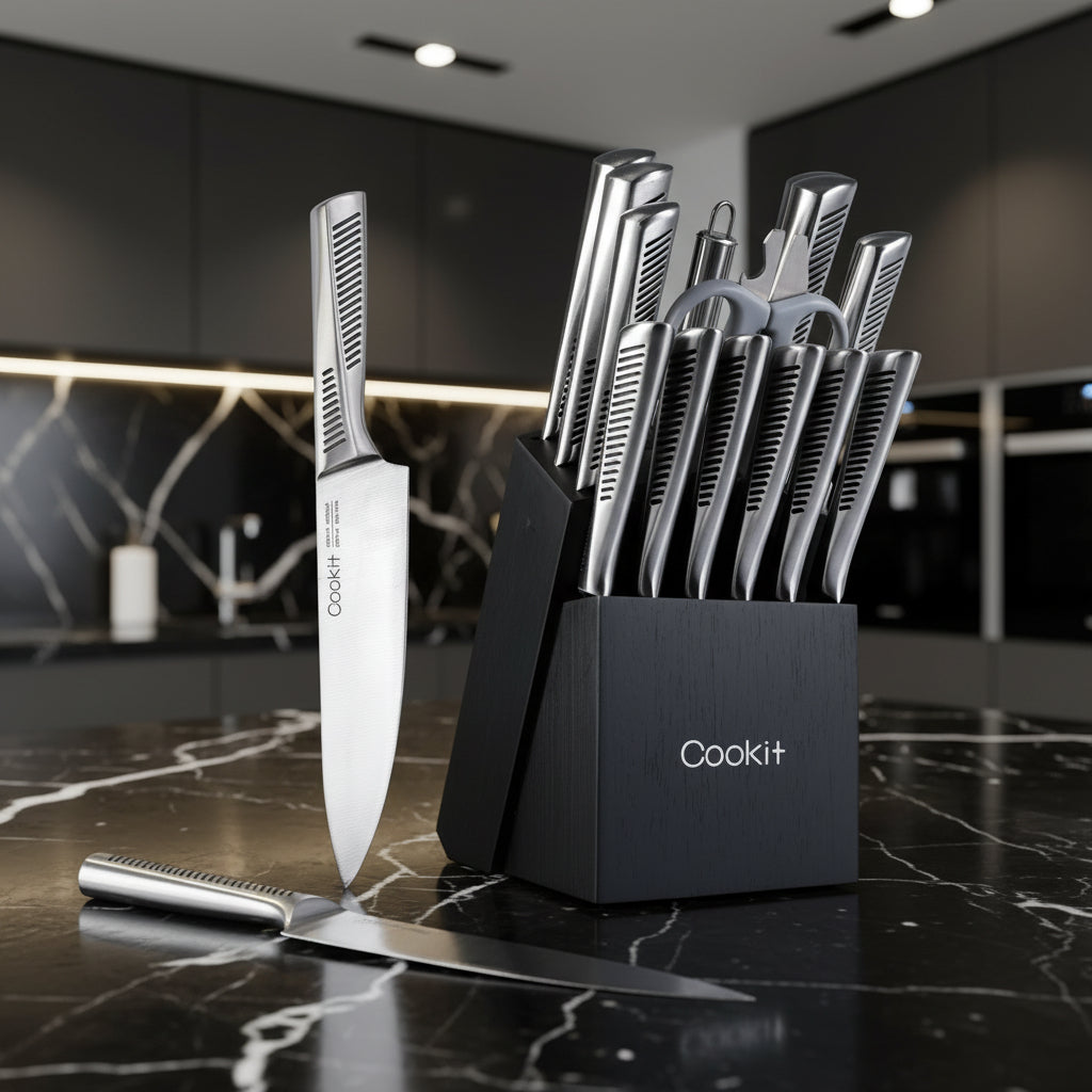 15-Piece German Stainless Steel Kitchen Knife Set with Block, Scissors & Sharpener
