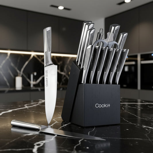 15-Piece German Stainless Steel Kitchen Knife Set with Block, Scissors & Sharpener