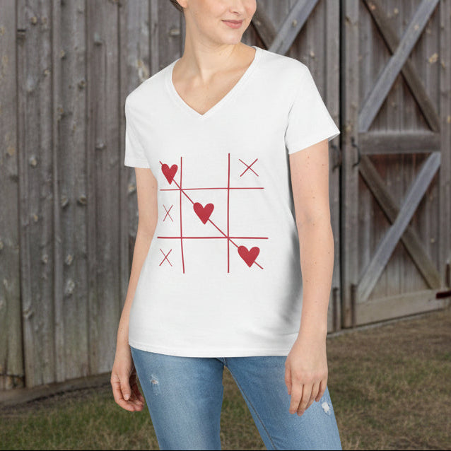 Heart Tic-Tac-Toe Women’s V-Neck T-Shirt – Minimal Valentine Graphic Tee