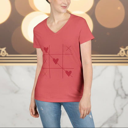 Heart Tic-Tac-Toe Women’s V-Neck T-Shirt – Minimal Valentine Graphic Tee