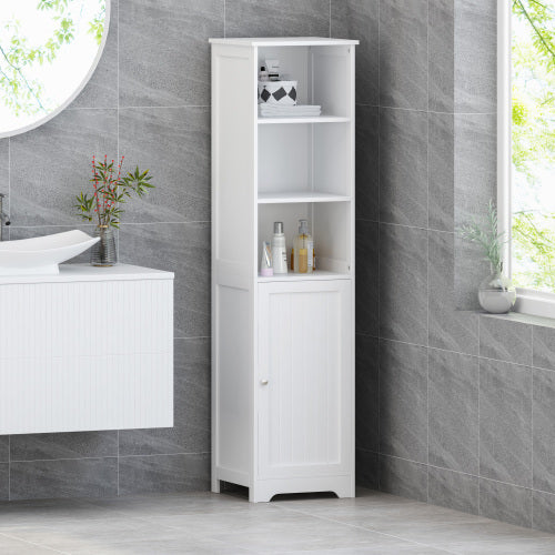 Modern White Bathroom Linen Tower Cabinet – 63" Tall with Open & Enclosed Shelves