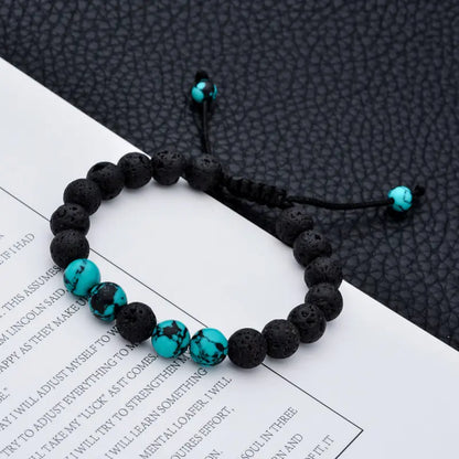 Black Volcanic Stone & Turquoise Beaded Bracelet – 8mm Energy Yoga Bracelet