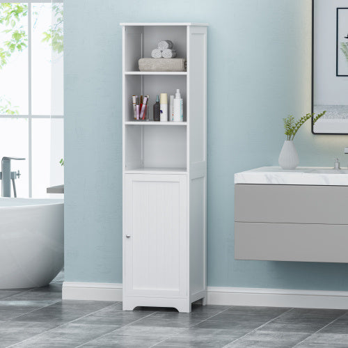 Modern White Bathroom Linen Tower Cabinet – 63" Tall with Open & Enclosed Shelves