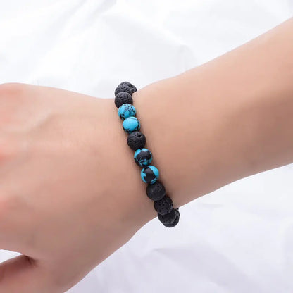 Black Volcanic Stone & Turquoise Beaded Bracelet – 8mm Energy Yoga Bracelet