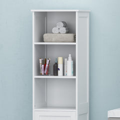Modern White Bathroom Linen Tower Cabinet – 63" Tall with Open & Enclosed Shelves