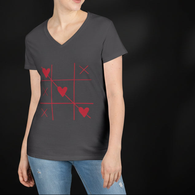 Heart Tic-Tac-Toe Women’s V-Neck T-Shirt – Minimal Valentine Graphic Tee