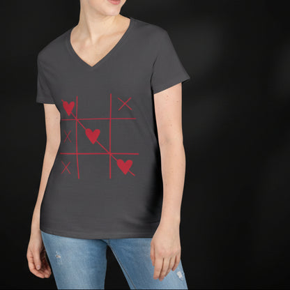 Heart Tic-Tac-Toe Women’s V-Neck T-Shirt – Minimal Valentine Graphic Tee