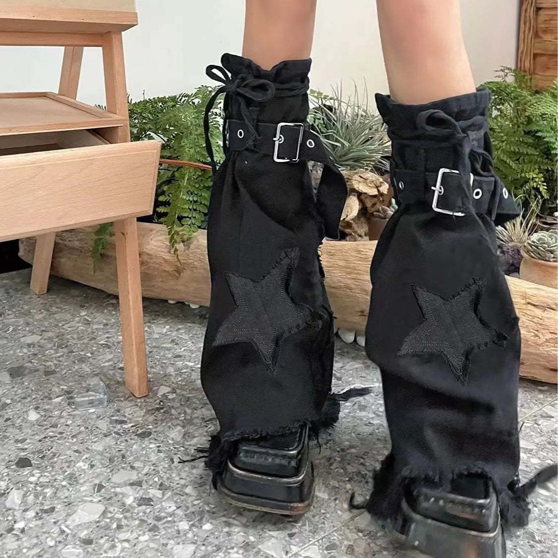 Star Stitch Tie-Neck Denim Flare Leg Warmers