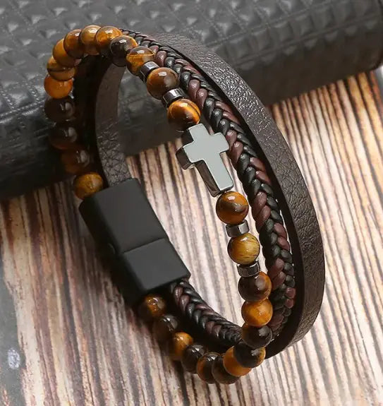 Tiger Eye Cross Charm Bracelet