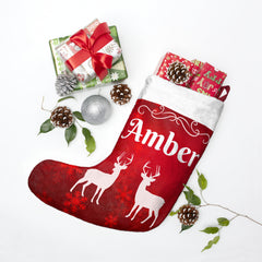 Personalized Red Christmas Stocking with Reindeer Design